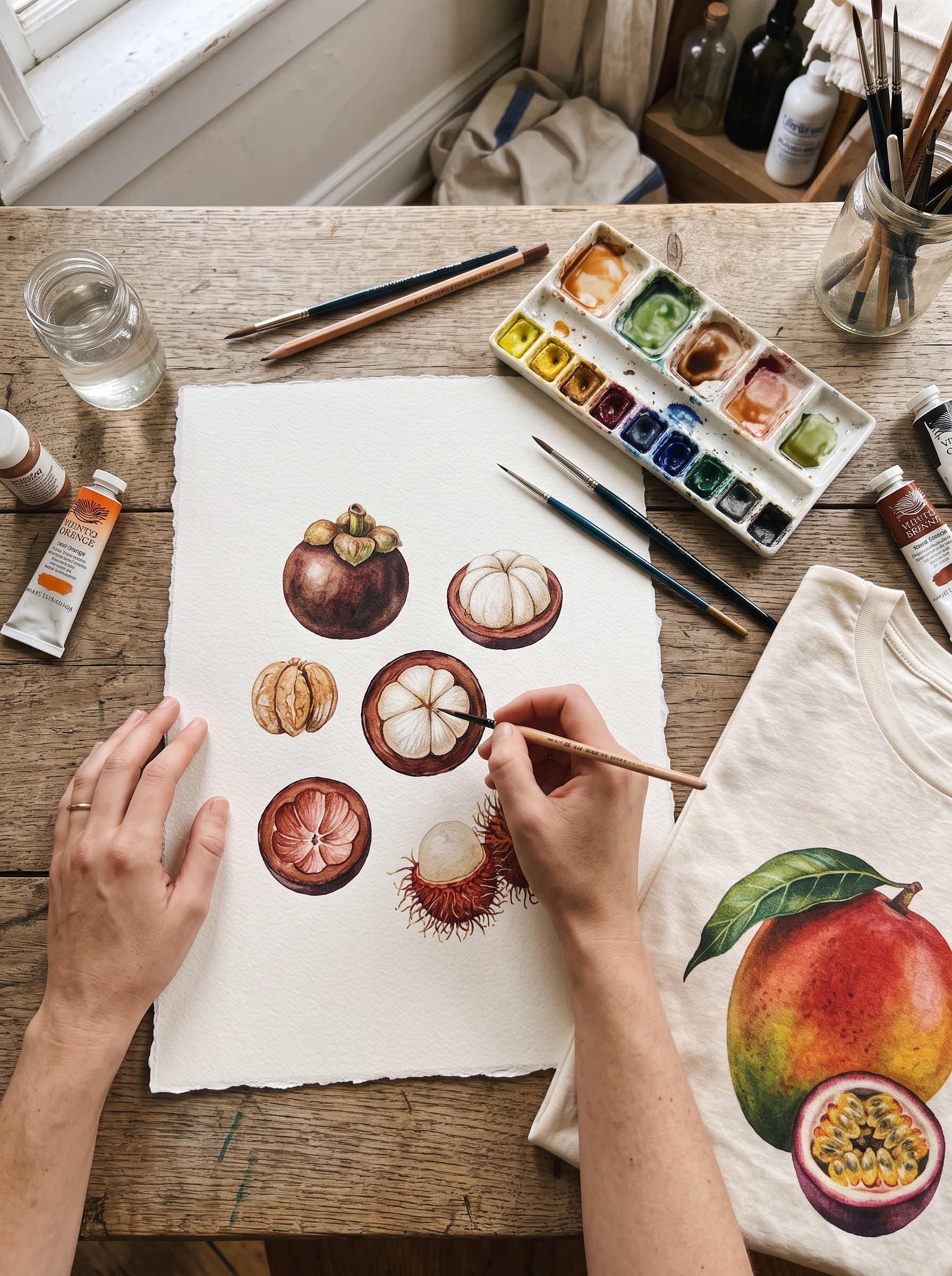 Manos pintando una ilustración botánica en acuarela